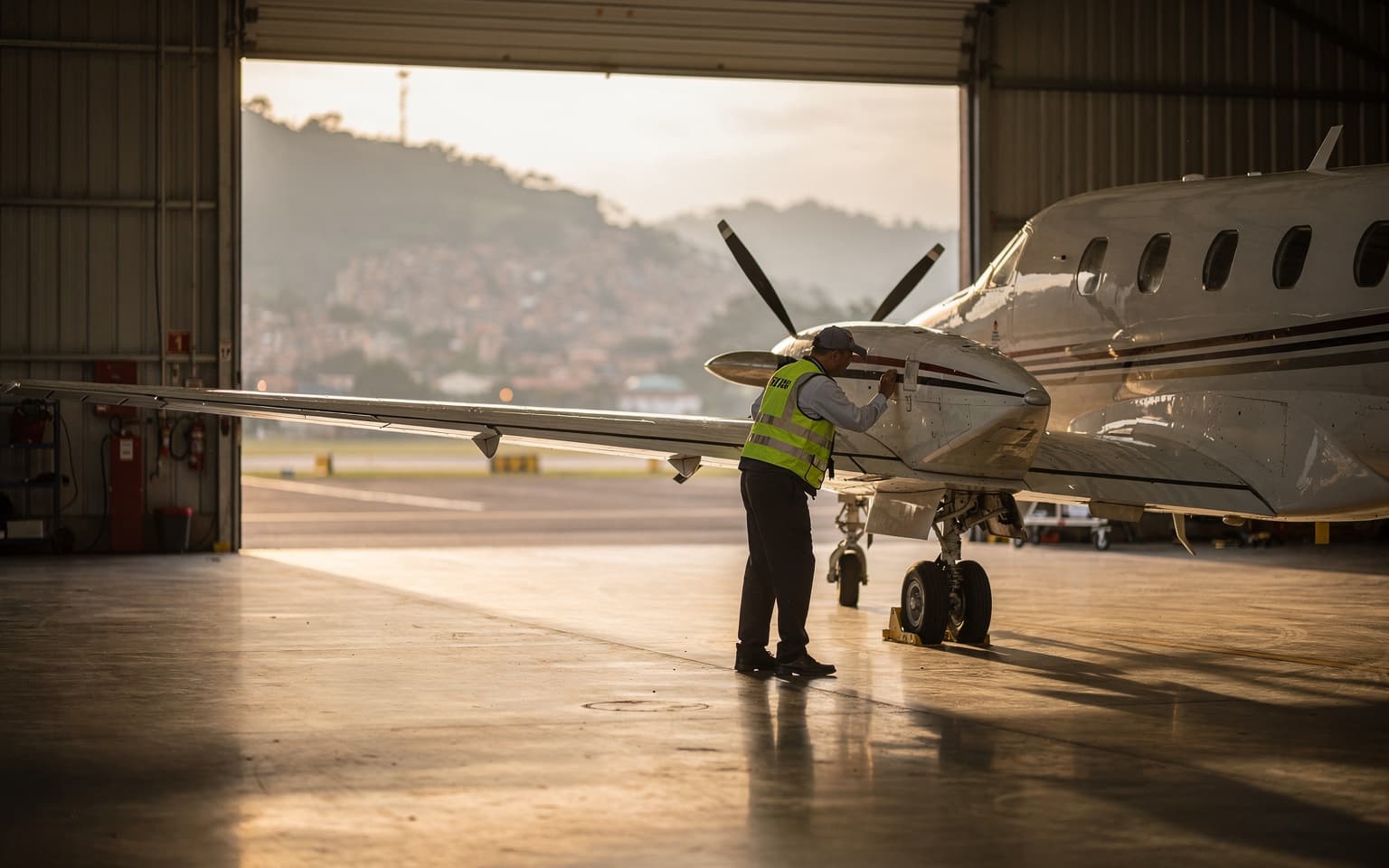 Hangar de aviación general en Olaya Herrera con un piloto revisando una aeronave